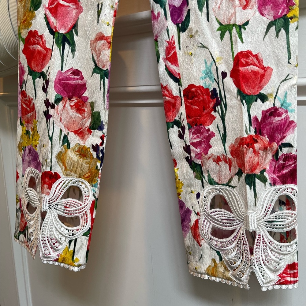 Blumarine Floral Print Pants w/ Lace Bow Hem – Statement Luxury Trousers 38 eu - Picture 4 of 8